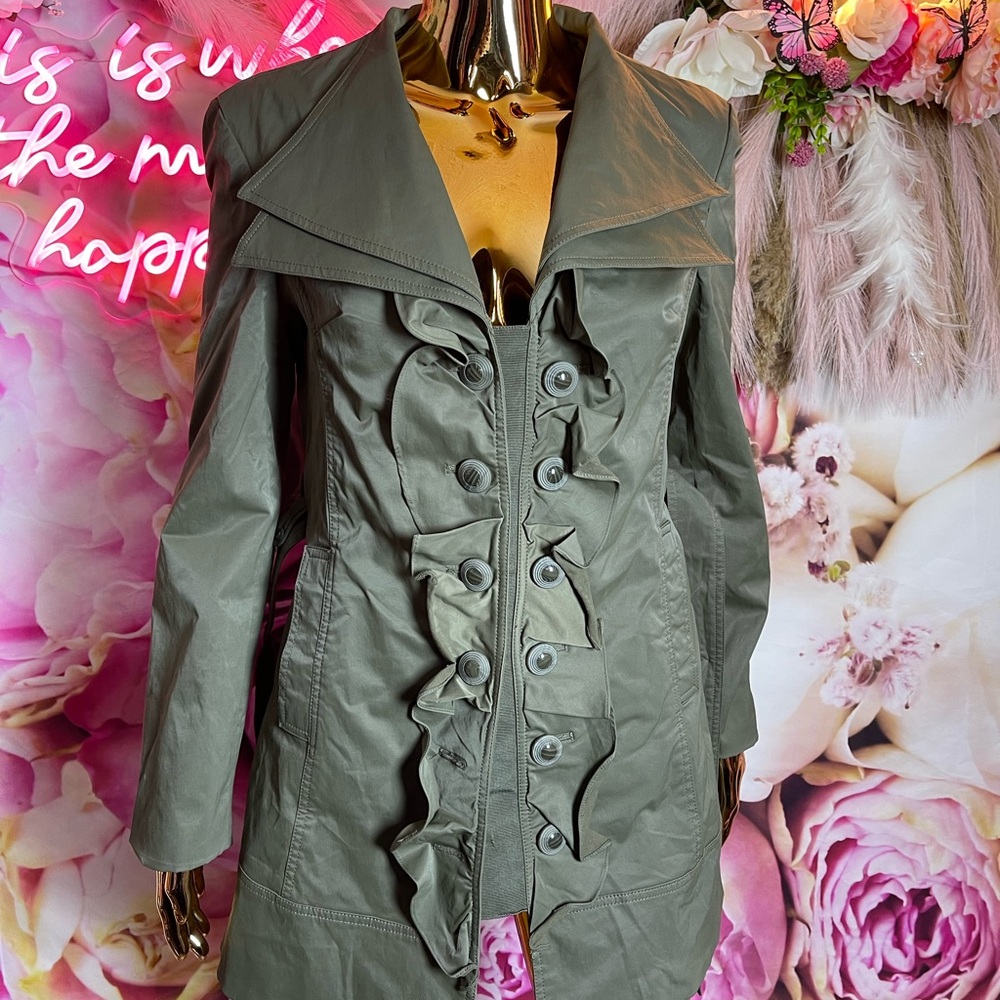 Kenar Women's Military Green Trench Coat with Ruffles